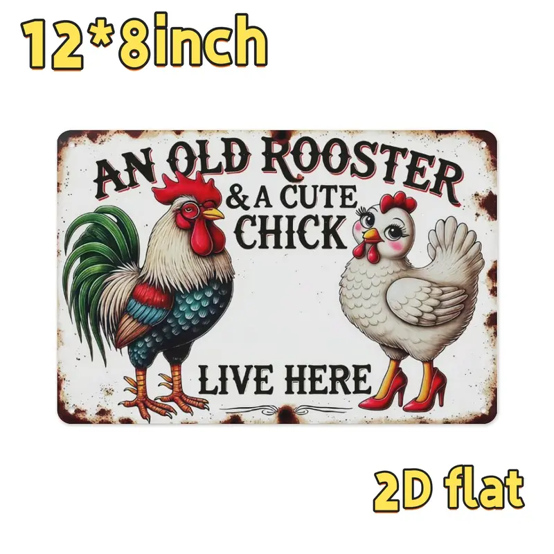 1pc Aluminium Vintage "An Old Rooster & Chick Live Here" 8x12in Rectangle Yard Sign - Durable Rustic Home Decor Products, Weather-Resistant Rooster & Chick Fun Accent, Pre-Drilled Holes for Farmhouse Charm