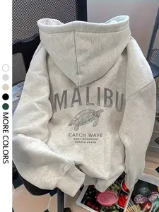 Women's Casual Hooded Sweatshirt, Turtle Letter Print, Drawstring Pocket Design, Loose Fit, Thick Fabric, All Seasons Wear