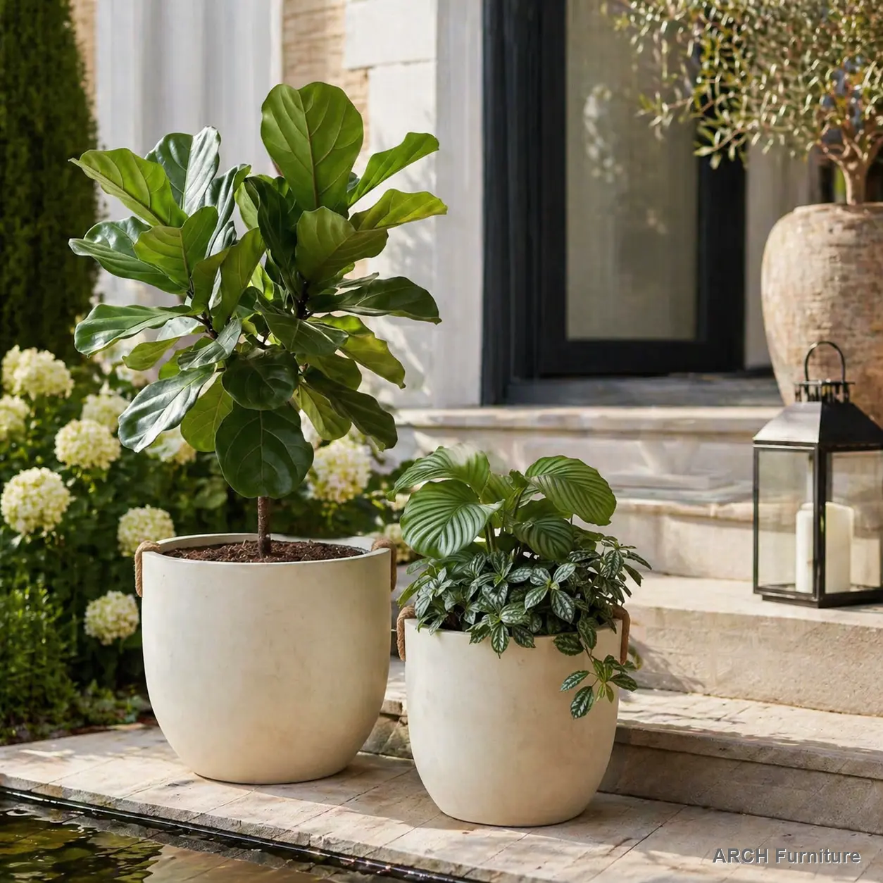 Handmade Rustic Off-White ARCH Round Concrete Planter Set of 2, Large 15"x13" & 18"x16" Planter Pots with Drainage Holes, Outdoor Indoor Front Porch Decor for Home Garden Patio