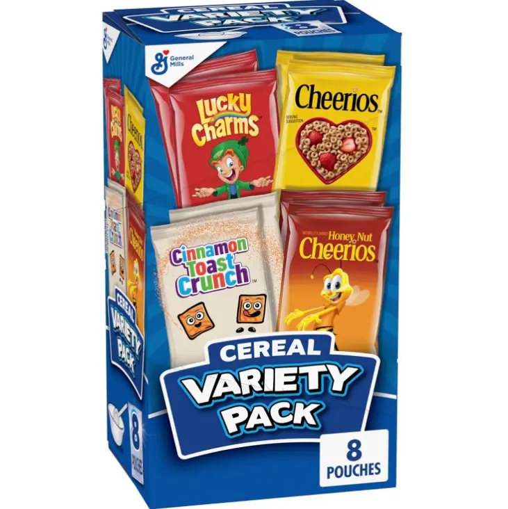 General Mills Cereal Variety Pack, 8 Pouches, 9.1 oz | 2 Lucky Charms, 2 Cinnamon Toast Crunch, 2 Cheerios, 2 Honey Nut Cheerios, Single-Serve Pouches, Made with Whole Grain Oat