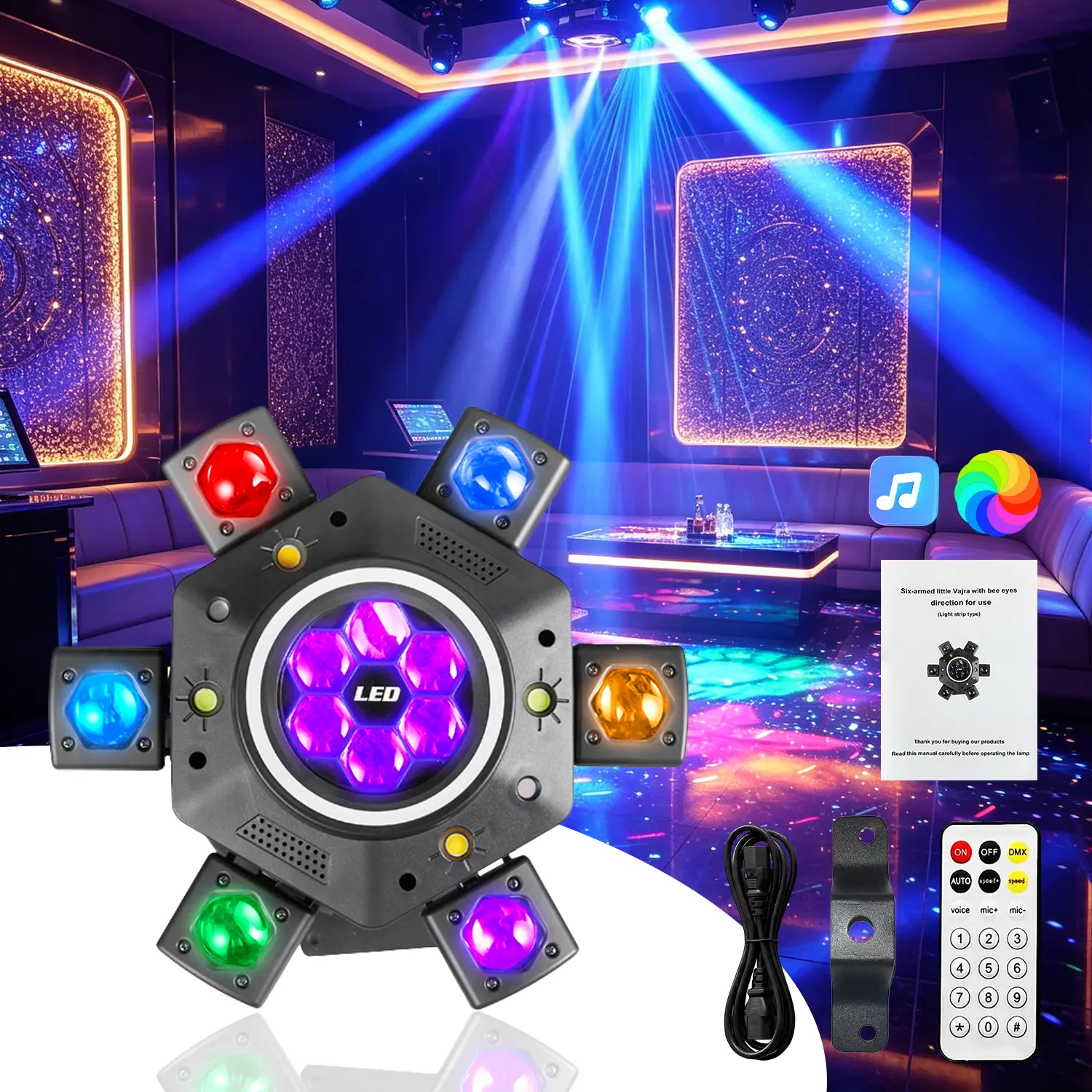 150W 6-Eye 6-Arm RGBW Color Changing Moving Head DJ Light with Red Laser, Green Laser, White & Gold Strobe, Sound Active, Remote Control & DMX512 for Weddings, Birthdays, Events， Halloween Party