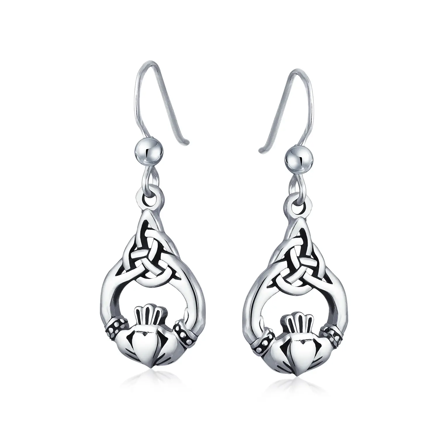 Love Symbol Celtic Claddagh Heart Dangle Earrings Oxidized Sterling Silver