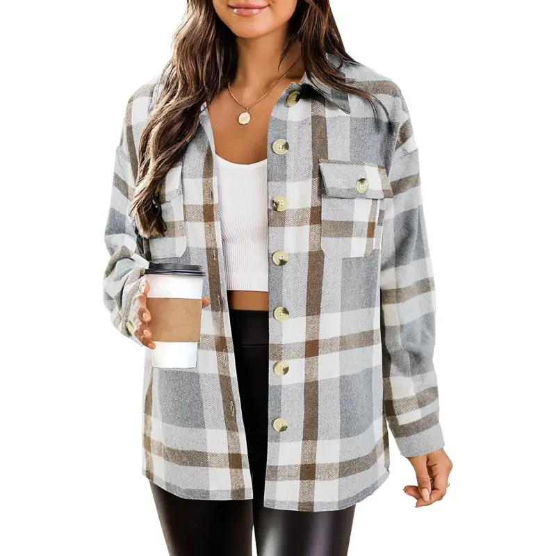 Women's Flannel Plaid Loose-Fitting Shacket, Button-Down Lapel Trench Coat with Pocket, Long-Sleeve Cropped Christmas Party Fashion Outerwear (S-XXL), Tartan, Outdoors, Patch Pocket