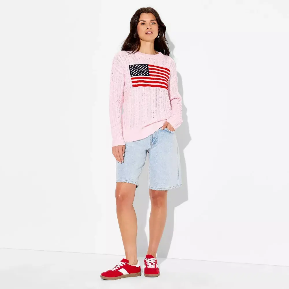 Women's Crewneck American Flag Pullover Sweater - Wild Fable Light Flags