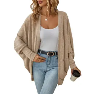 Women's Solid Color Bat Sleeve Oversized Open Top Long Sleeve Mid Length Knitted Versatile Sweater Cardigan Cozy Casual Loose Knitted Top Fine Soft Threads