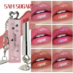 Sam Sugar 6 Color Shiny Lipstick, Long-Lasting Moisturizing, Hydrating, Metallic Glossy Finish, Heart Bullet Design, Keychain Decoration Gift for Women, Makeup, Cosmetic