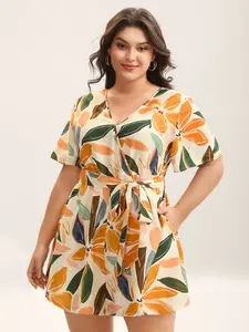 BLOOMCHIC Plus Size Sunkissed Floral Belted Pocket Overalls - Nylon-Polyester Fabric Garment, Smooth Tunic Sleeves, Fit, [M-6X]2026 Summer Vibes