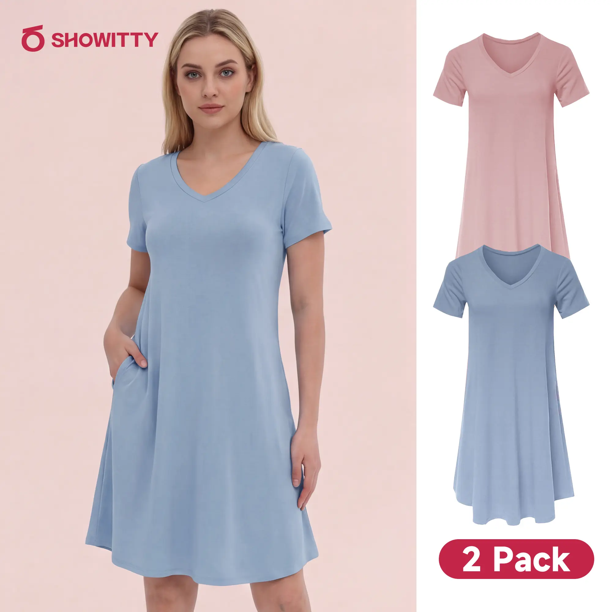 SHOWITTY Outlets 2-Pack Women's Casual T-Shirt Loungewear Dresses with Pockets, Clothing Short Sleeves Pajama Dress, Relaxed Swing Fit Summer #SummerWins#DealsForYouDays