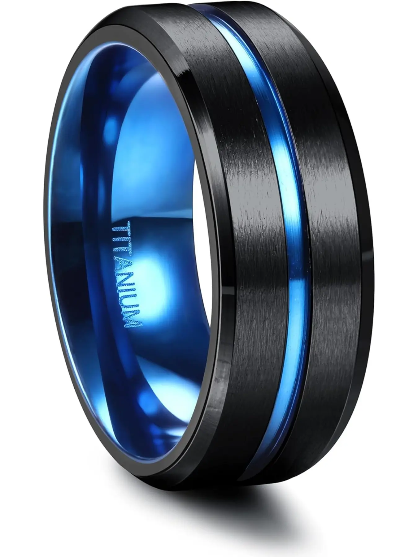 G23 Titanium Ring for Men 8MM Black Ring with Blue Centre Groove Textured Band Ring Engagement Rings Wedding Marriage Ring Fashion Promise Ring Mens Rings Size O-Z1/2 Beautiful Rings