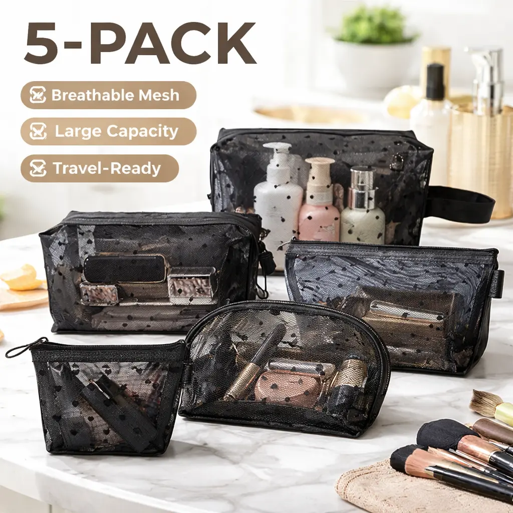 5-Pack Heart Printed Mesh Makeup Bags - Portable Zipper Toiletry Pouches for Kitchen, Home, Travel