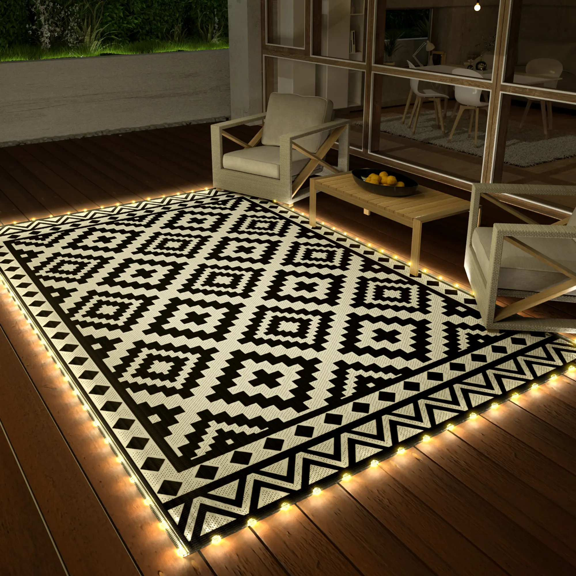 #summersale HAUSHOF 5'X8' Outdoor Rug Waterproof with LED Strip Light, Reversible Outdoor Plastic Straw Rug, Patio Rug with 4 Rug Stakes, Outdoor Carpet Mat for RV, Camping, Beach, Porch, Balcony, Black&White