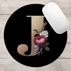 Minimalist Black-Gold Floral Letter J Round Gaming Mouse Pad, Made For Gaming, Non Slip Mousepad, Desktop Decoration Protection Pad, Non-Slip Rubber Lock Edge Small Size Pad, Suitable For Laptops And Desktops, High-End Gift For Family, Desktop Accessory