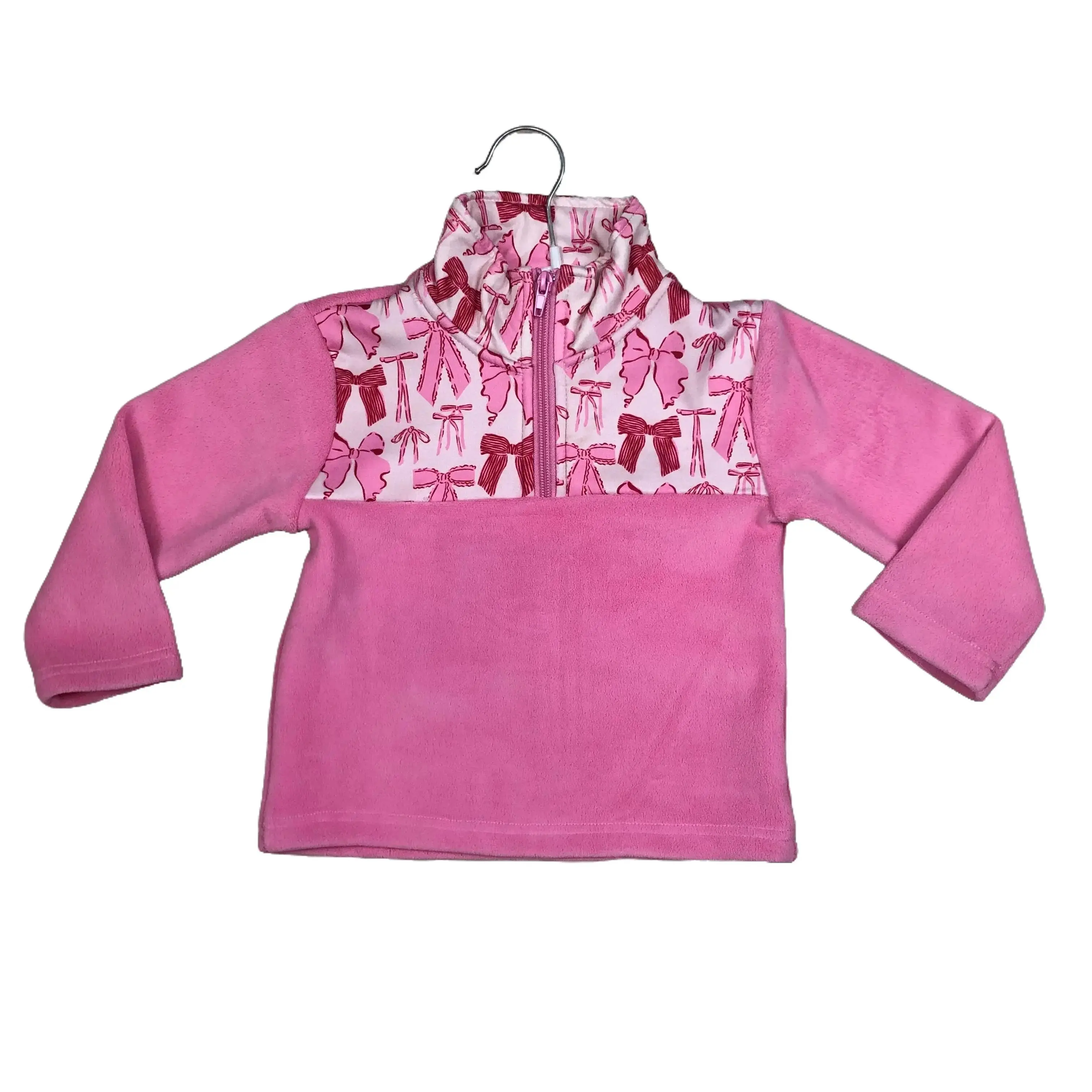 Girls' Velvet Crewneck Sweatshirt - Casual Cute Outerwear with Bow Detail, Long Sleeves, Herringbone Pattern, Split Design & Buttons for Sweet Festive Charm & Warmth