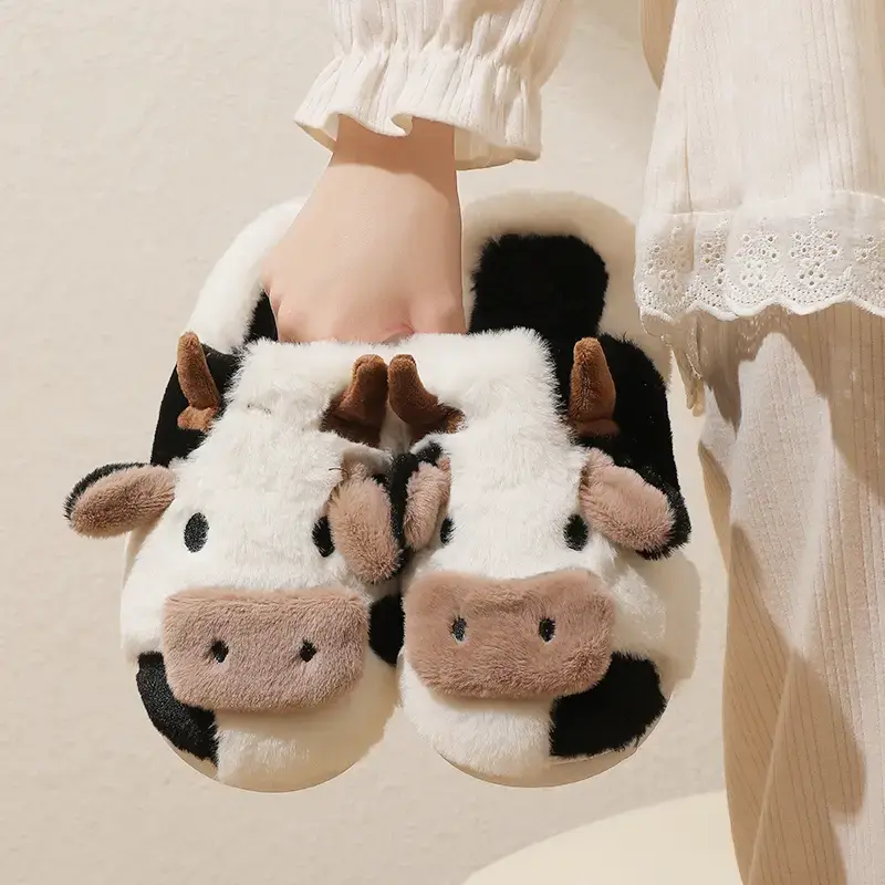 Women's Kawaii Cow Animal Print Slip-On Slippers - Warm, Cozy, Cushioned, Antislip, Sweet Casual All-Season Bedroom Slide Shoes, Mt Brown Footwear for Women