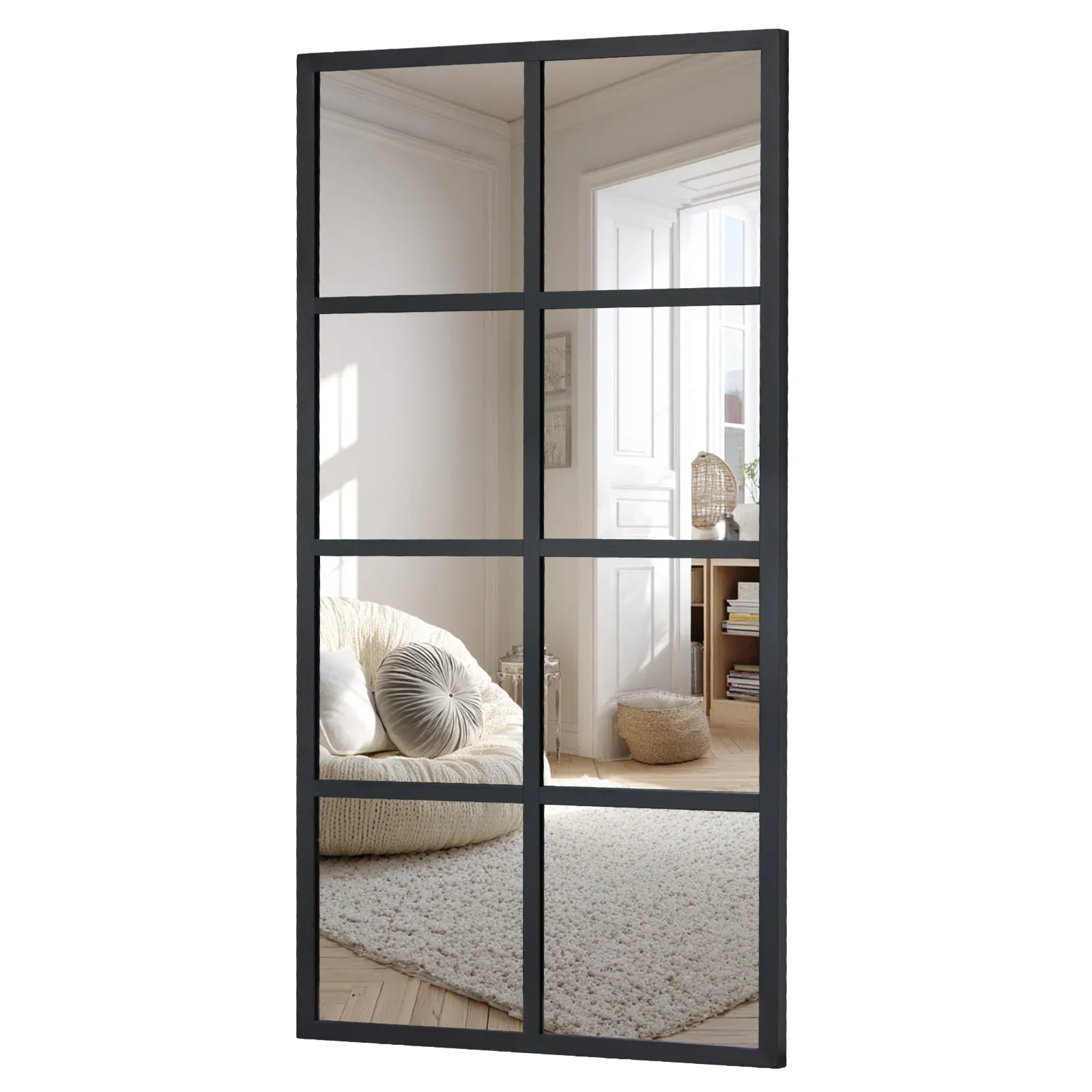 Matte Black Windowpane Grid Wall Mirror - Leaning & Hanging Decor for Bedroom, Living Room, Entryway-1 piece