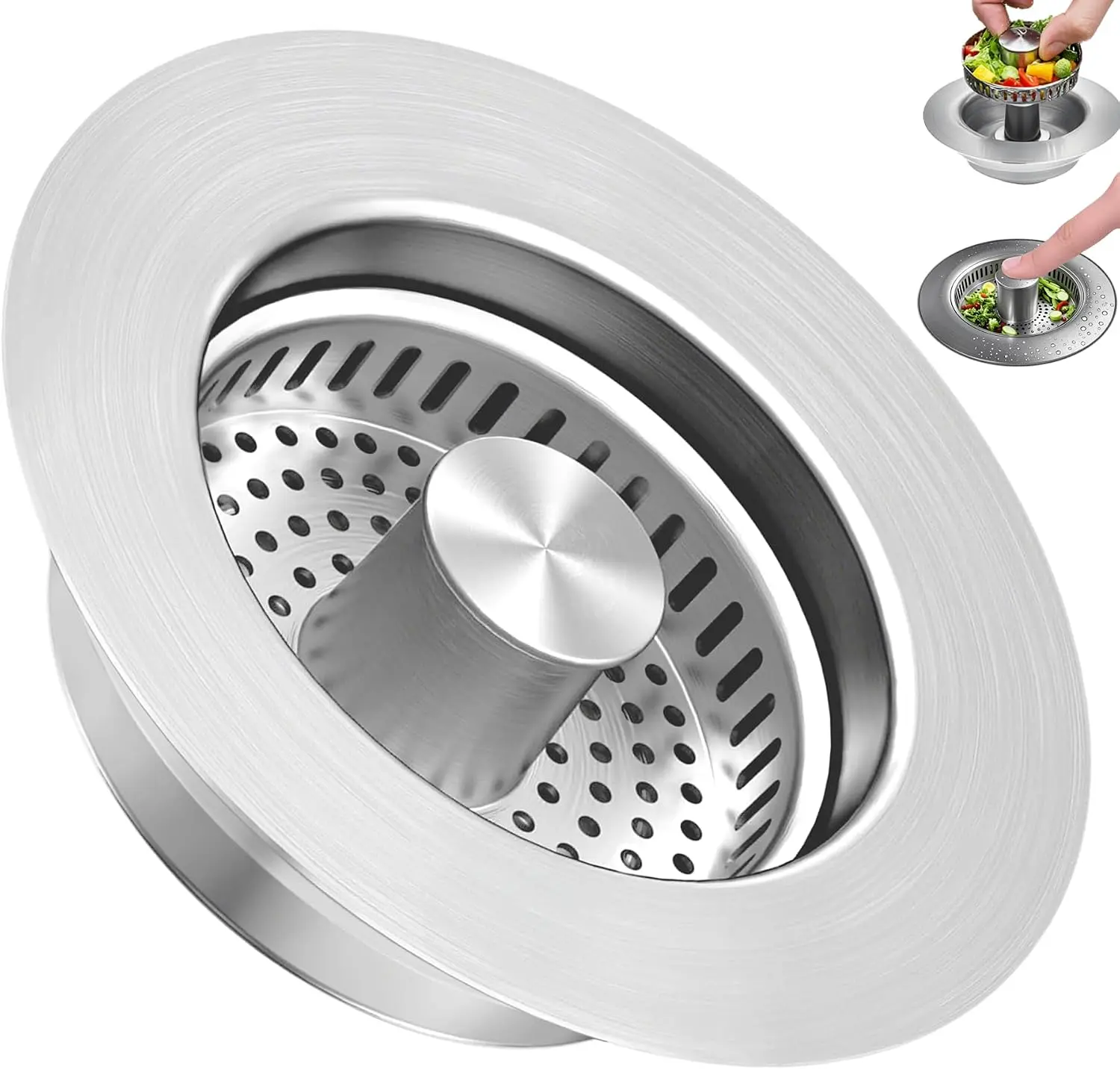 3-in-1 SUS304 Stainless Steel Kitchen Sink Drain Strainer & Stopper - Kitchen Accessory, Removable Filter Basket Food Catcher, Fits 3-1/2 in Drain Hole, Modern Eco-Friendly Universal Anti-Clogging Cover, Save Money, Silver, 1 Pack, 3-1/2 Inch Drain Hole