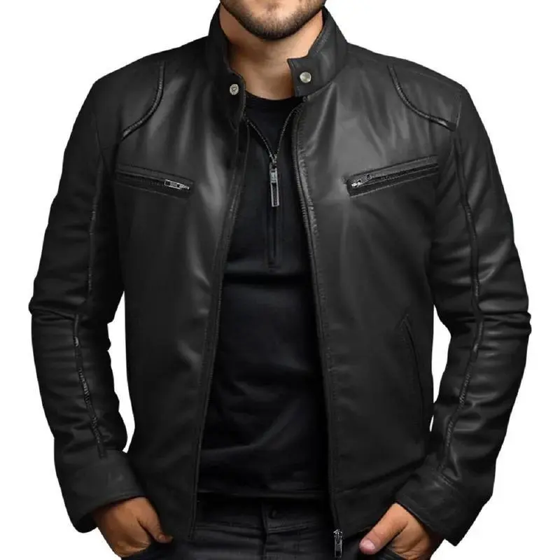 Men's Biker Leather Jacket - Stand-Up Collar, Longsleeves, Classic Fit, Punk Look, Zipper Front, Casual Wear, Beige Stylish Menswear Coat, Plain