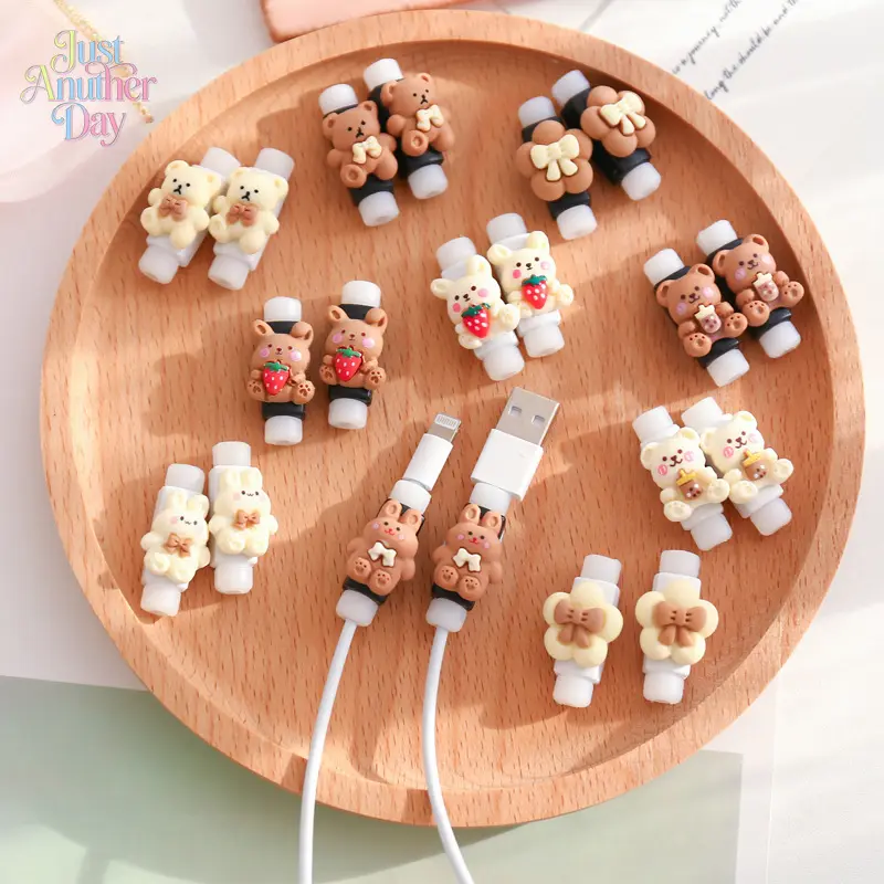 10 Pairs Cute Cartoon Cable Protectors, Bear & Rabbit Charger Cord Savers, Anti-Break Data Line Protectors for Phones & Earphones