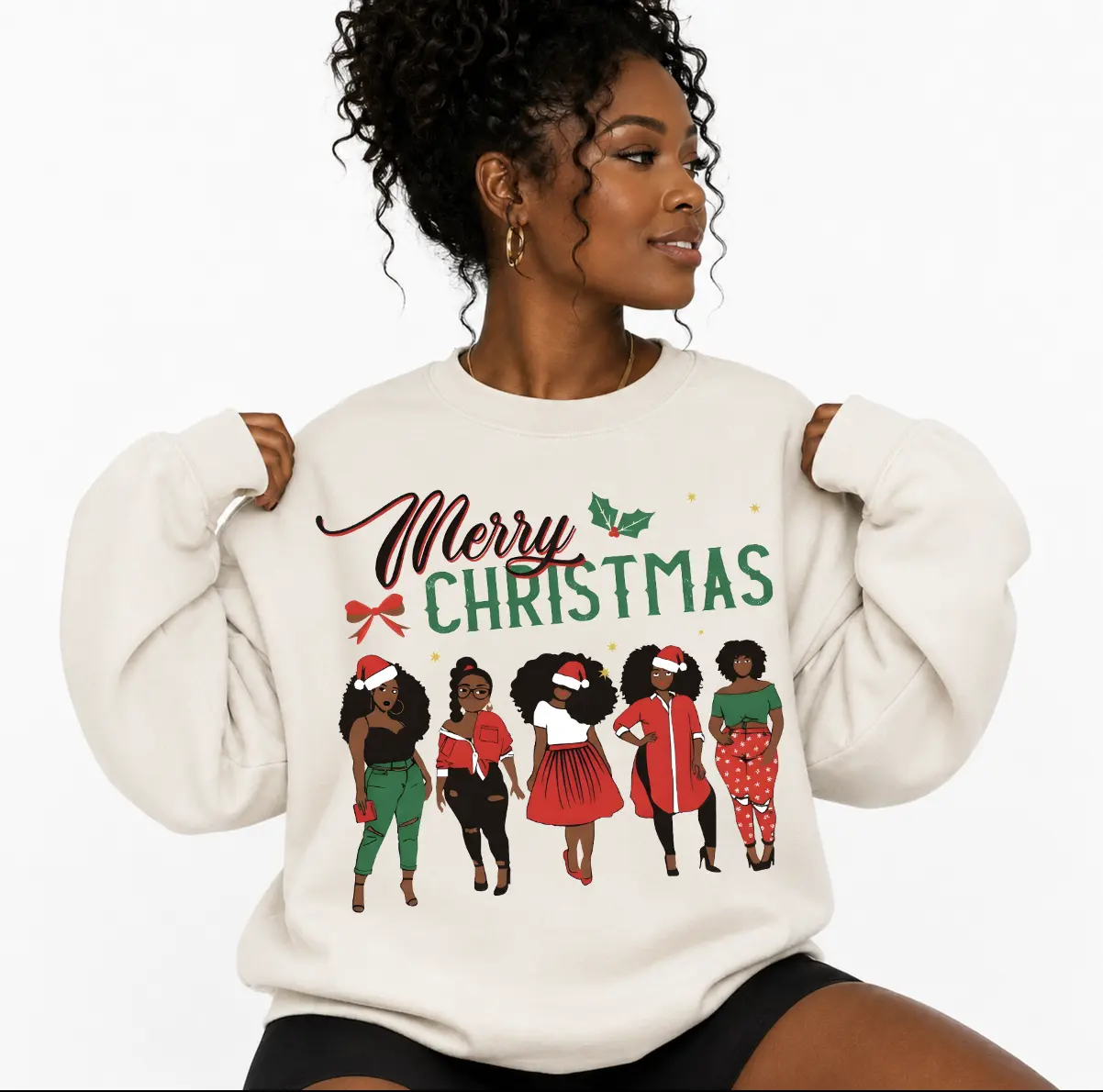 Cotton Long Sleeve Graphic Print Crewneck Women's Pullover Sweatshirt - Merry Christmas Melanin Sisters Afro Women Shirt, Christmas Santa Gift for Black Women