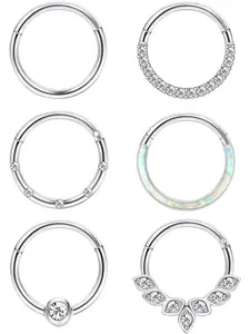 6pcs Septum Rings Surgical Steel Nose Rings for Women, Opal Cz Daith Cartilage Hoop Jewelry, Hinged Helix Rook Tragus Piercing, Nose Piercing Accessory