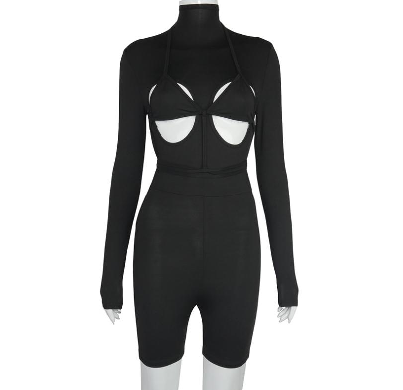 Bandage Hollow Out Long Sleeve Skinny Rompers Womens Jumpsuit Fashion Sporty Workout Active Wear White Autumn Jumpsuits