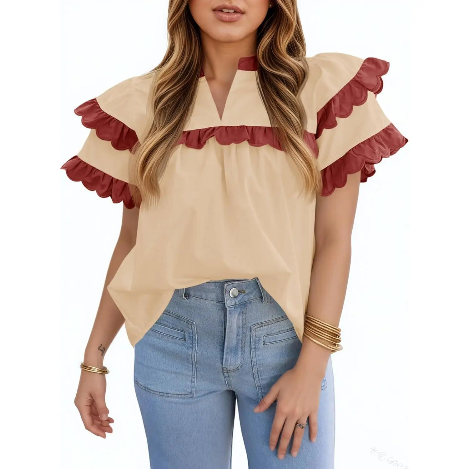 Imily Bela Women's Cute Fashion Print Ruffled Short-Sleeve Color-Block Babydoll Blouse - Elegance Collared V-Neck Pleated Top, Breathable Fabric, Fitted-Loose Fit, Dressy Casual Shirt