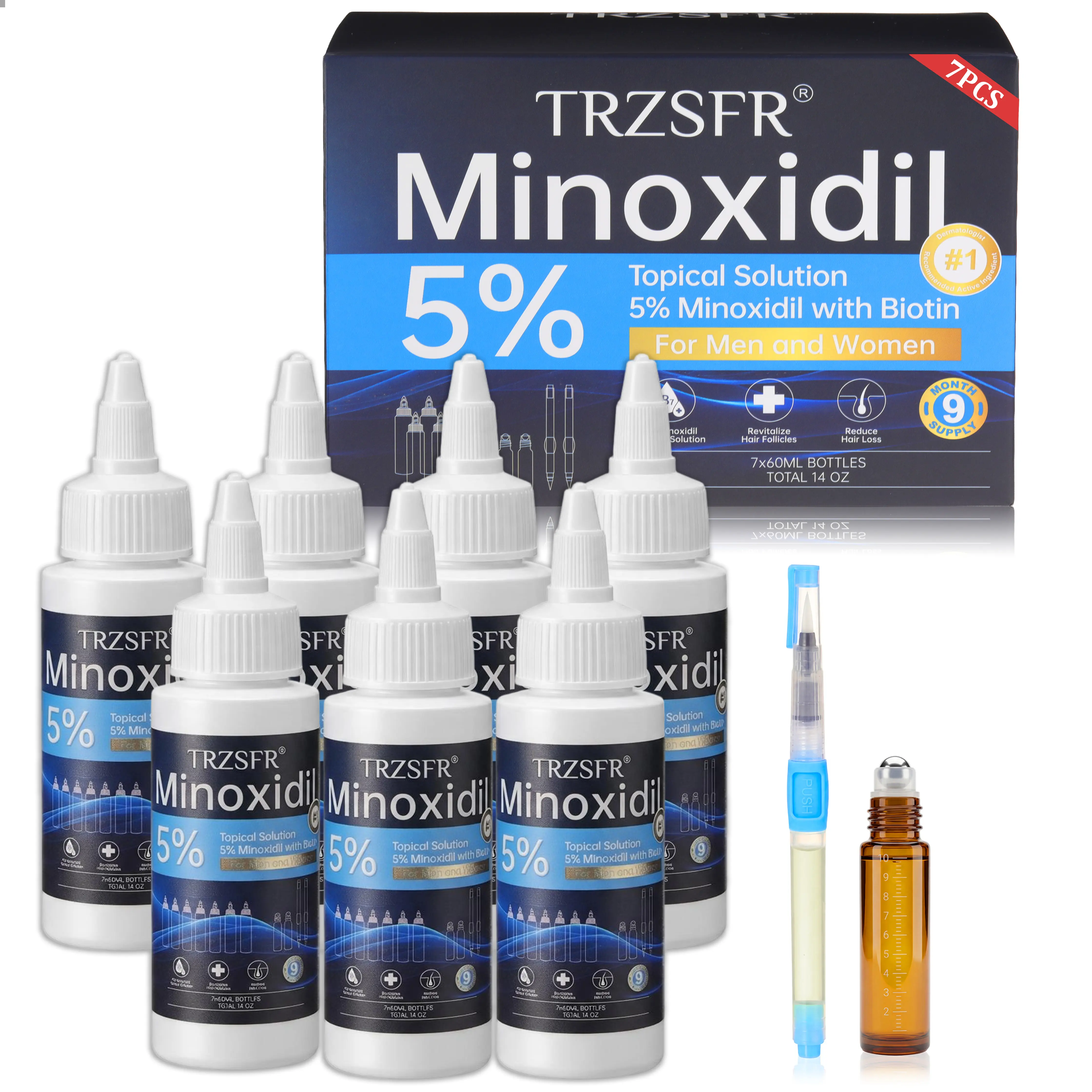 Minoxidil 5% for Men & Women with Roller Applicator & Precision Applicator Pens, Extra Strength Topical Solution for Beard & Hair Growth, Twist Cap Squeeze Bottle, 7 x 60ml (14 fl oz) Supply