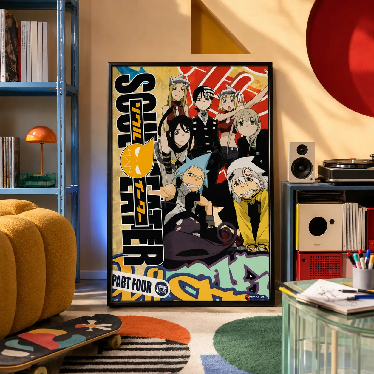 Colorful Retro Japanese Anime Ensemble Cast Framed Canvas Print, Vibrant Team Character Poster, Ideal Wall Decor for Teen Dorm, Game Room & Anime Collector Display Corner