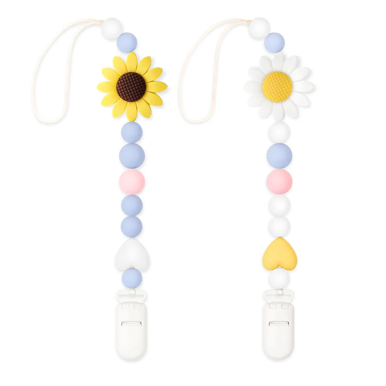 2 Pack  Silicone Pacifier Clip, Pacifier Holder for Boys and Girls, Adorable Sunflower Pacifier Clips (White&Yellow)