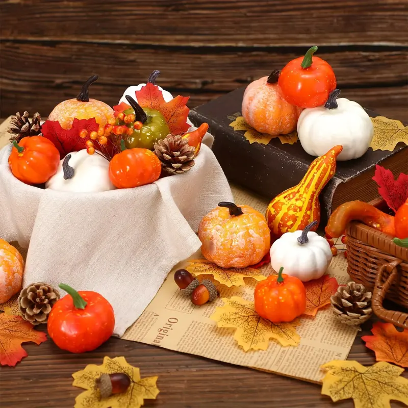 Autumn Thanksgiving Decor Set, 50-Piece Artificial Pumpkins & Gourds, Oak Leaf Maple Berry Pinecone, Home Halloween Wedding Centerpiece