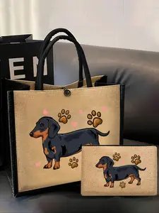 Linen Buckle Tote Bag, Makeup Bag, Fashionable Patterned Bag, Cartoon Dachshund Pattern, Love Dog Pattern, Including Large And Small Wallets, Handbags, Card Bags, Teacher's Multifunctional Portable Handbag, Women's Gift, Stylish Tote Bag, Casual Tote Bag