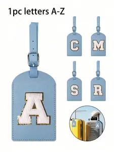 1 luggage tag, suitable for suitcases, TSA certified, brand new blue, PU leather customizable with letters A-Z, with a privacy-protected name card, cute white letter travel backpack tag, Letter Charm, Charms for Bags