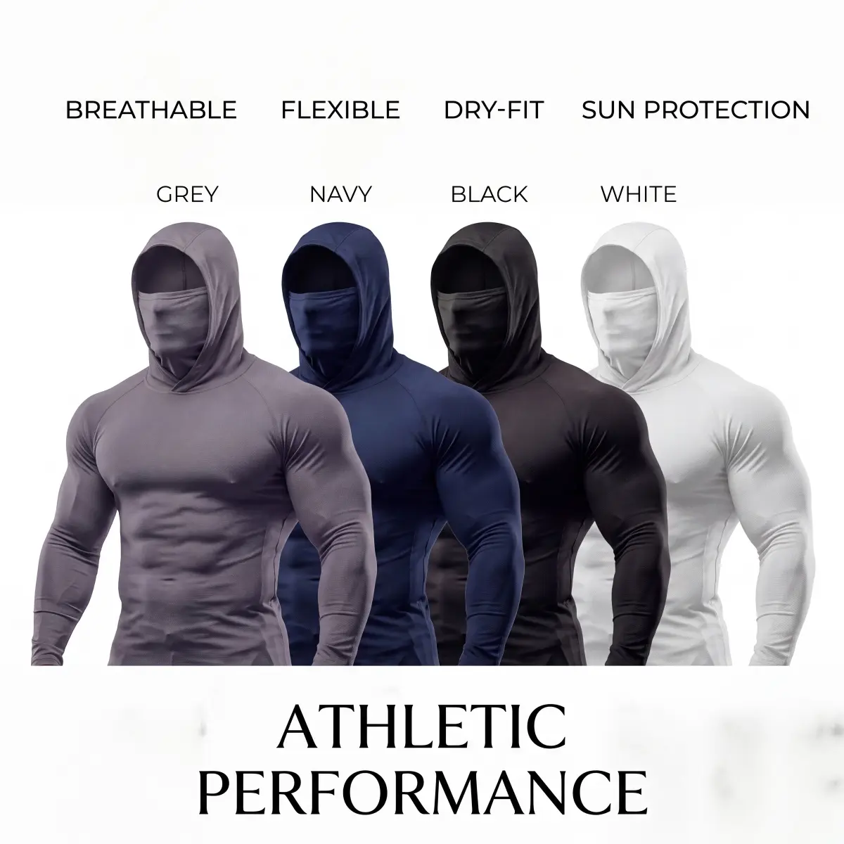 4-Pack Men's Summer UPF50 Sun Protection Hoodies, Quick Dry Breathable Compression Shirts with Built-in Face Cover, Long Sleeve Tactical Athletic Tops for Fishing, Hiking, Construction, Gym, Spring & Fall Outdoor Work Wear