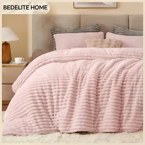 BEDELITE Flannel Comforter Set Super Soft & Warm Fluffy Pink Valentine's Day gift - Elegant Striped Design for Winter - Twin/Queen/King Sizes Machine Washable