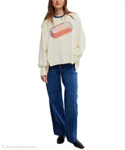 Camden Women's Casual Oversized Polyester-Cotton Knit Pullover Hoodie - Long Sleeve, Ribbed, Balloon Graphic, High-Low Camden Sweatshirt with Hip Print