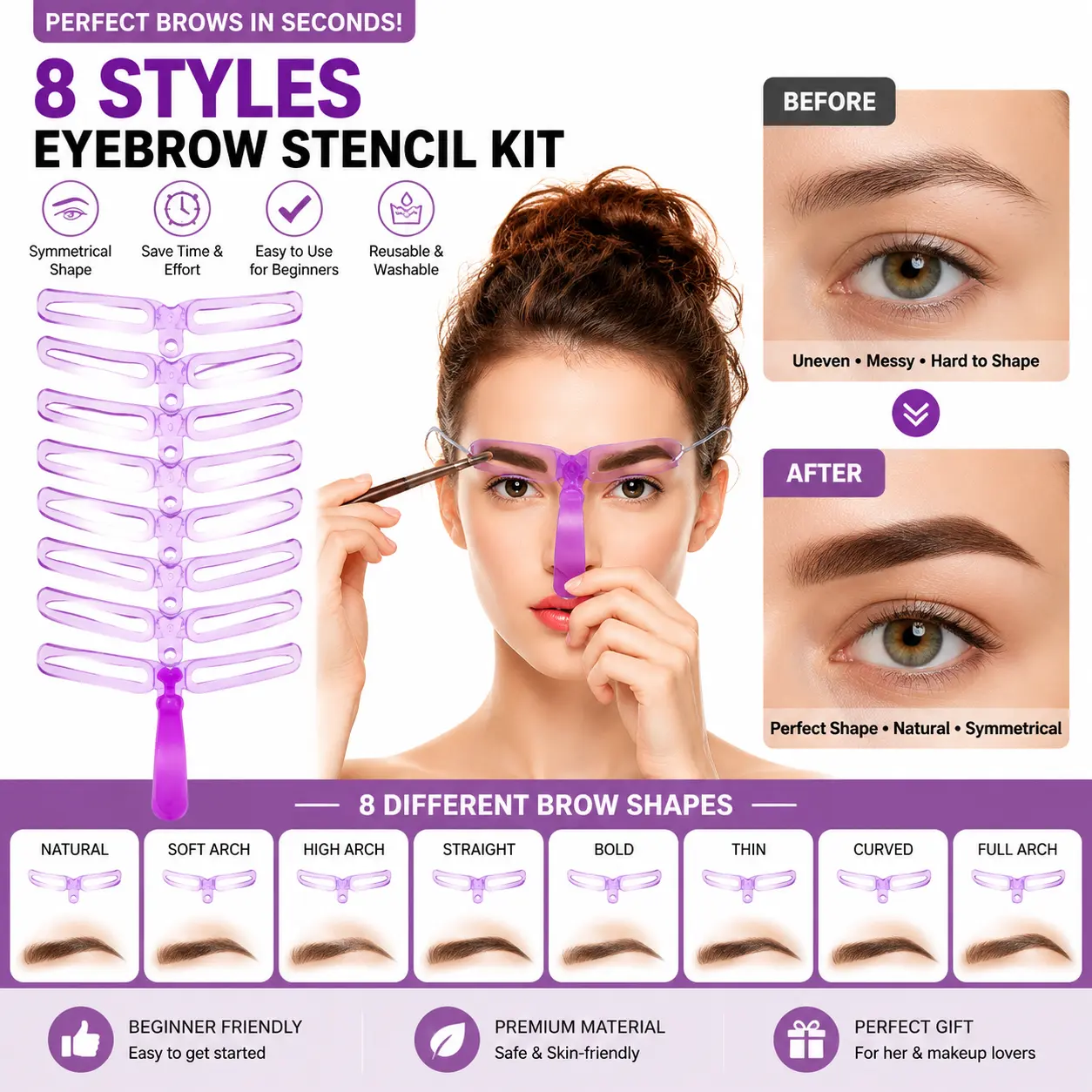 Eyebrow Stencils, Eyebrow Template, Eyebrow Shaping Kit,8 Styles Reusable Eyebrow Stencil with Handle and Strap, Washable eyebrow filter shaper