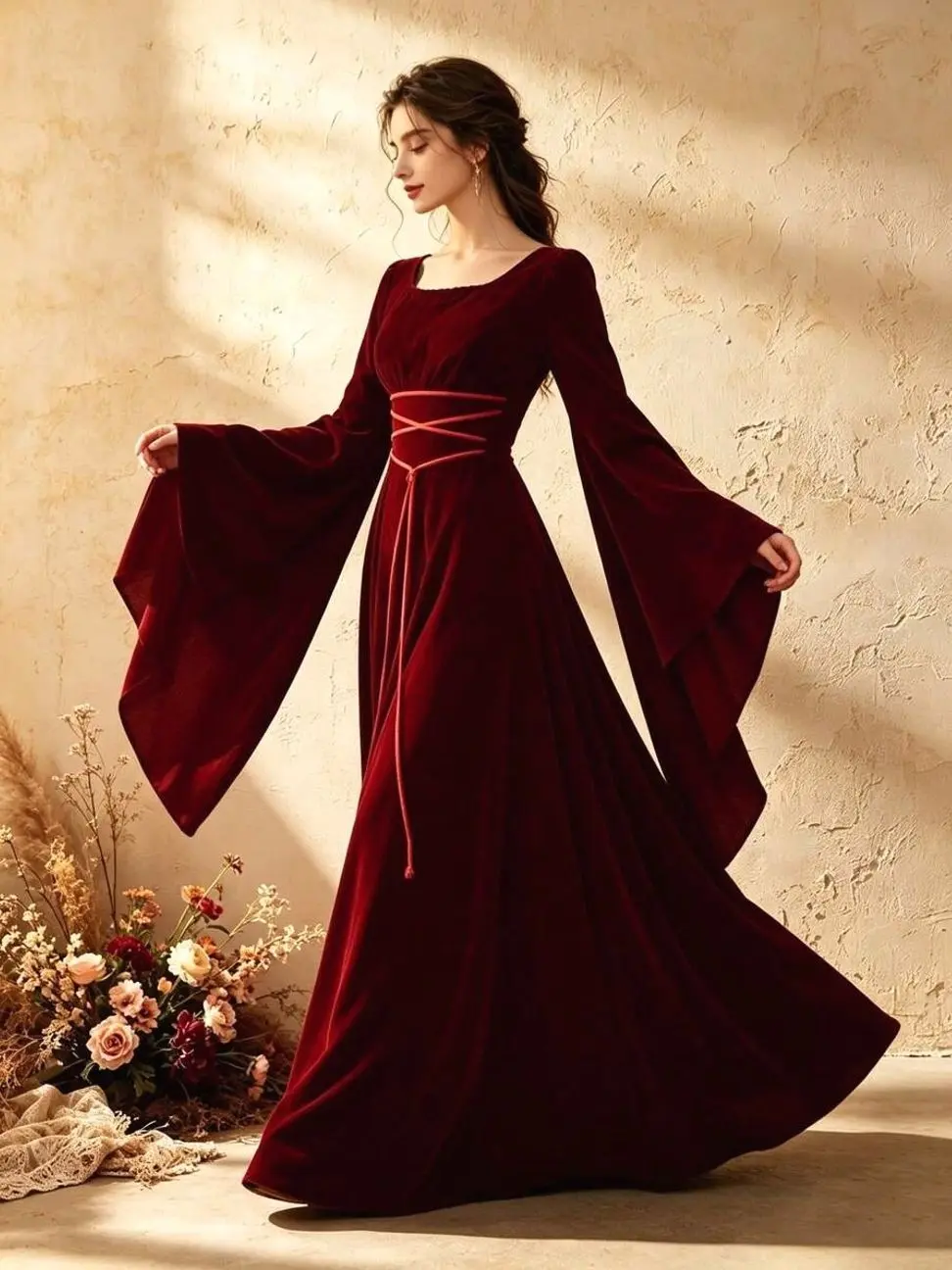 Women Medieval Renaissance Gown, Square Neck Flare Bell Sleeve Maxi Dress, Gold Lace-Up Waist Witch Gothic Train Long Costume
