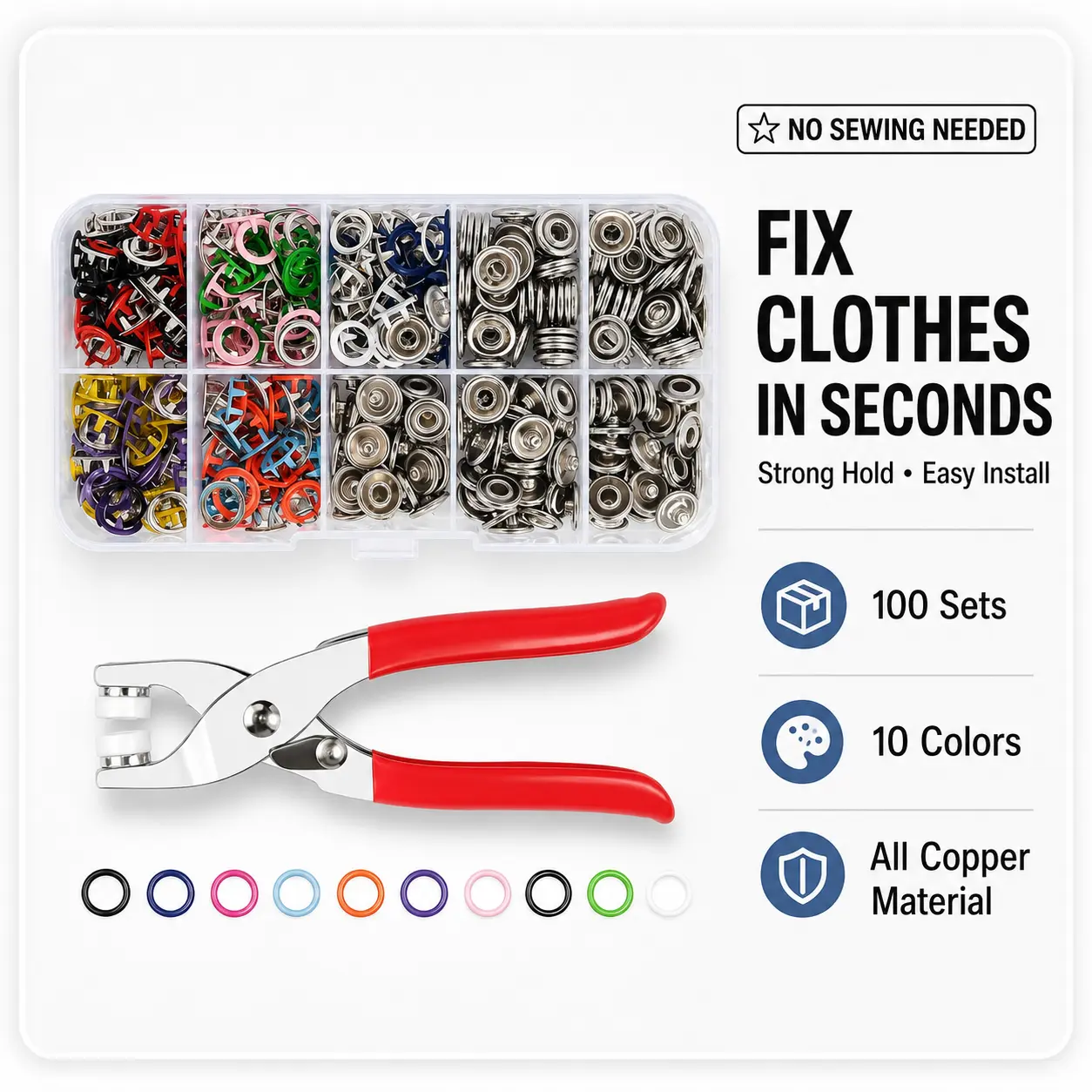 Snap Fastener Kit with Pliers, 100 Sets 10-Color Copper Snap Buttons, No-Sew Press Tool for Clothing Repair, Hats, Bags & DIY Crafts, All-In-One Kit, Clothes Repair