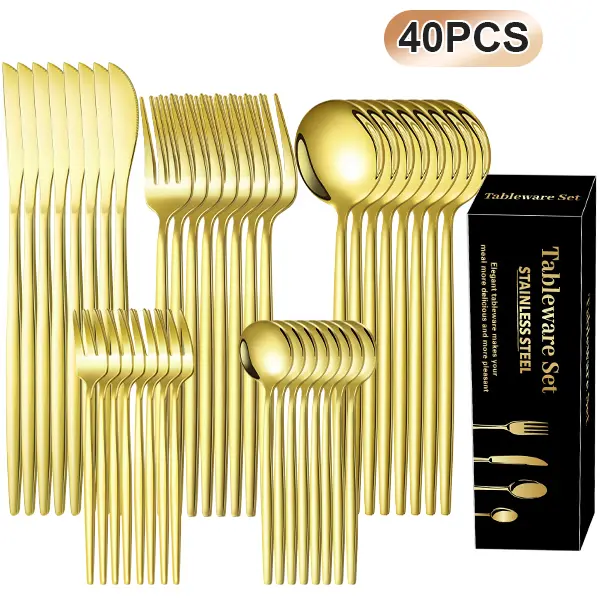 Glam Gold Sturdy Stainless Steel Western Curved Edge Cutlery & Tableware Set - 40-Piece, Serves 8 Adults, Mirror-Polished, Dishwasher Safe, Knives, Forks, Spoons, Dessert Spoons, Dessert Forks, Ideal for Everyday Dinners, Formal Occasions
