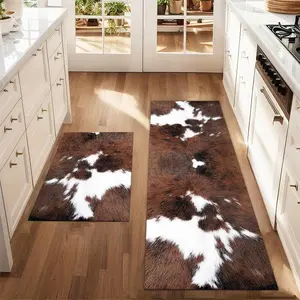 JOYFINITY  2Pcs Brown Faux Cow Hair Texture Printed Rug Set for Farmhouse Kitchen Restaurant Laundry Room Floor Decor Decorative Area Rug Faux Fur Rug