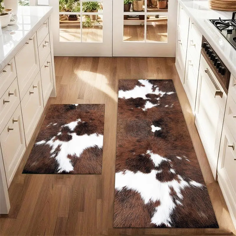 2Pcs Cow hair texture printed Animal Printed Rug brown cow texture Faux Cow Rug Animal Rugs Floor mat set for farmhouse kitchen Rug restaurant floor laundry room decor carpet mat