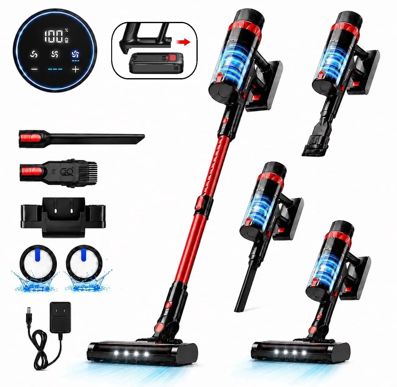 PrettyCare 9-in-1 Cordless Stick Vacuum Cleaner - 530W, Max 48KPA Suction, 8 Batteries, 55mins Runtime, Rechargeable, Freestanding, Lightweight, Deep Cleaning for Pet Hair Removal, Cordless Vacuum Cleaner, Stick Shape