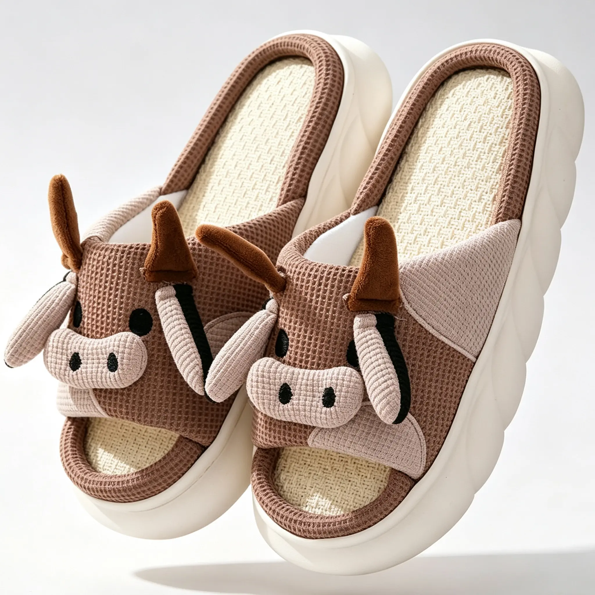 Female Women's Cute Cartoon Cow Linen Sports Slides - Casual Flat Slippers, Fashionable Slip-Ons Slippers, Soft Thick Platform, Open-Toe, Breathable Non-Slip, Indoor Home Footwear, Beige