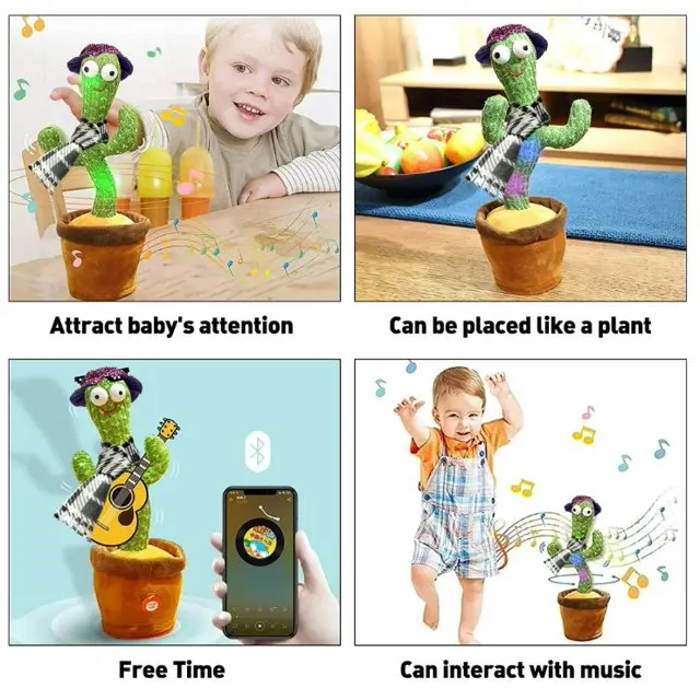 Besia Interactive Unisex Stuffed Dancing Cactus Toy for 3-4 Years - Singing & Recording, Repeating, 120 Songs, LED Lights