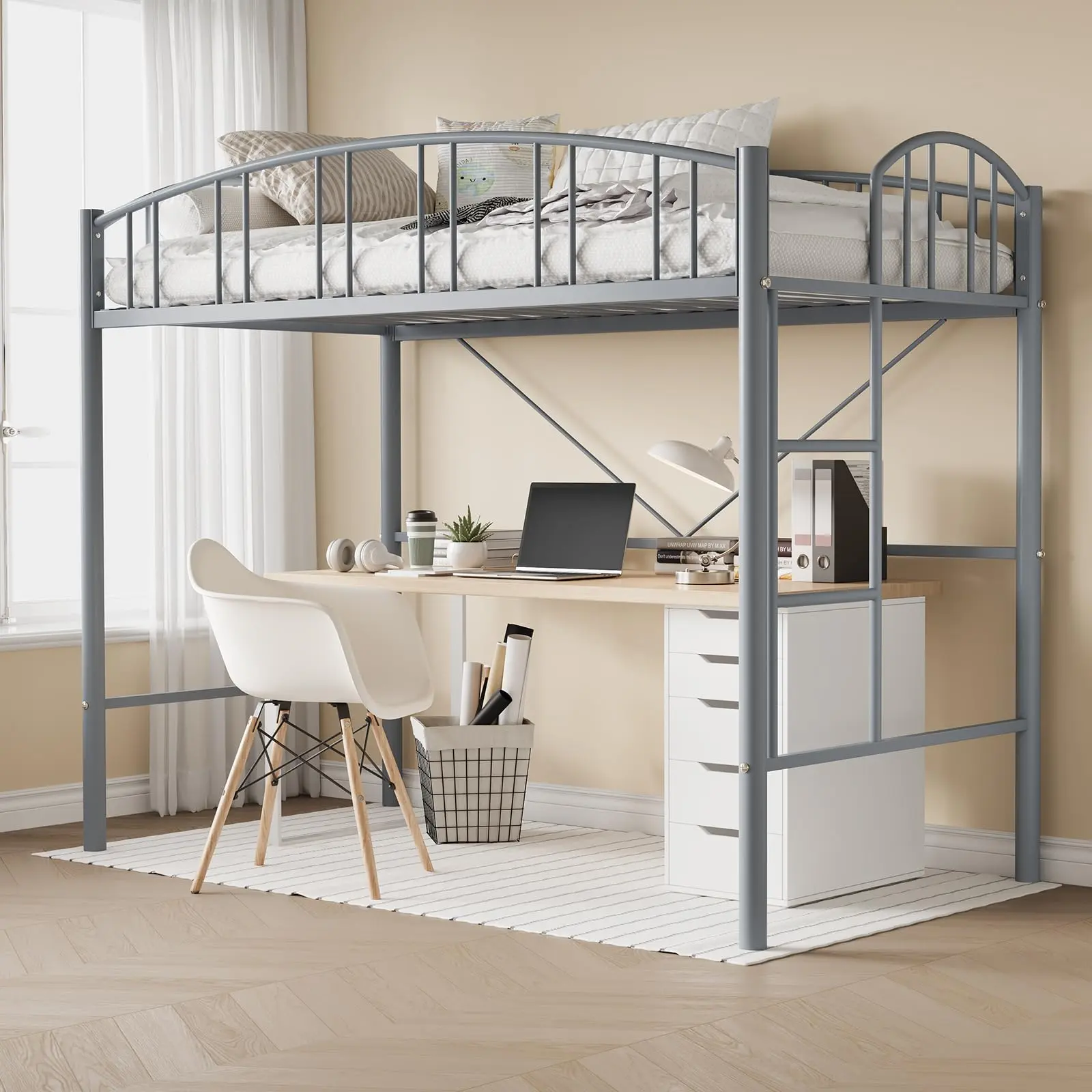 Garvee Twin Size Loft Bed with Ladder and Arched Guardrail, Heavy Duty Metal Frame with Sturdy Steel Slats, Space-Saving Design, Suitable for Adults, No Box Spring Needed