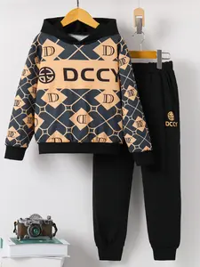 Boys' Fall Winter Hooded Sweatshirt Set, Printed Letter Design, Casual Sportswear for Kids, Ages 6-12 Years Old