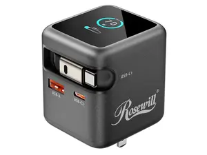 Rosewill 70W Retractable USB-C Wall Charger with Built-in Cable, 3-Port GaN 3 Fast Charging, Foldable Design & Real-Time TFT Display for MacBook, iPad, iPhone, Galaxy - Black