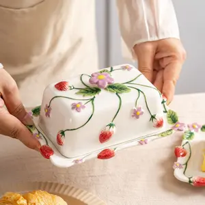 Ceramic Butter Storage Jar, West Restaurant Cheese Box, Strawberry Hand-Drawn Relief Glazed Butter Container, Kitchen Essentials, Kitchenware