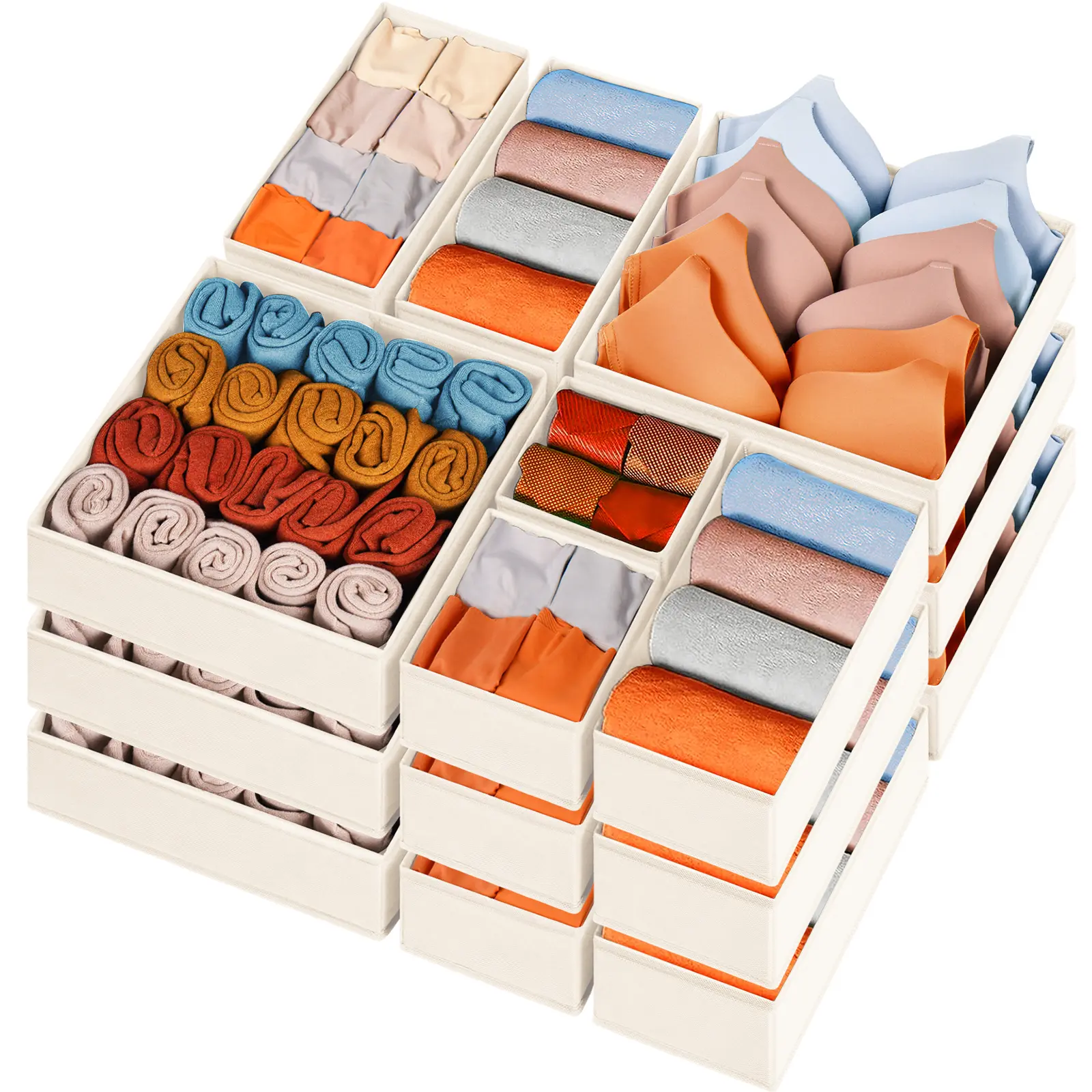 Criusia 15-Pack 11"x5.5"x5" Divided Fabric Storage Bins - Multifunctional Clothes Organizer, Collapsible Organizer Storage for Drawer, Deep Dresser Nursery Dresser Organization (Beige) - Holds Socks, Underwear, Bras, Ties, Scarves, Belts | Summer Sale