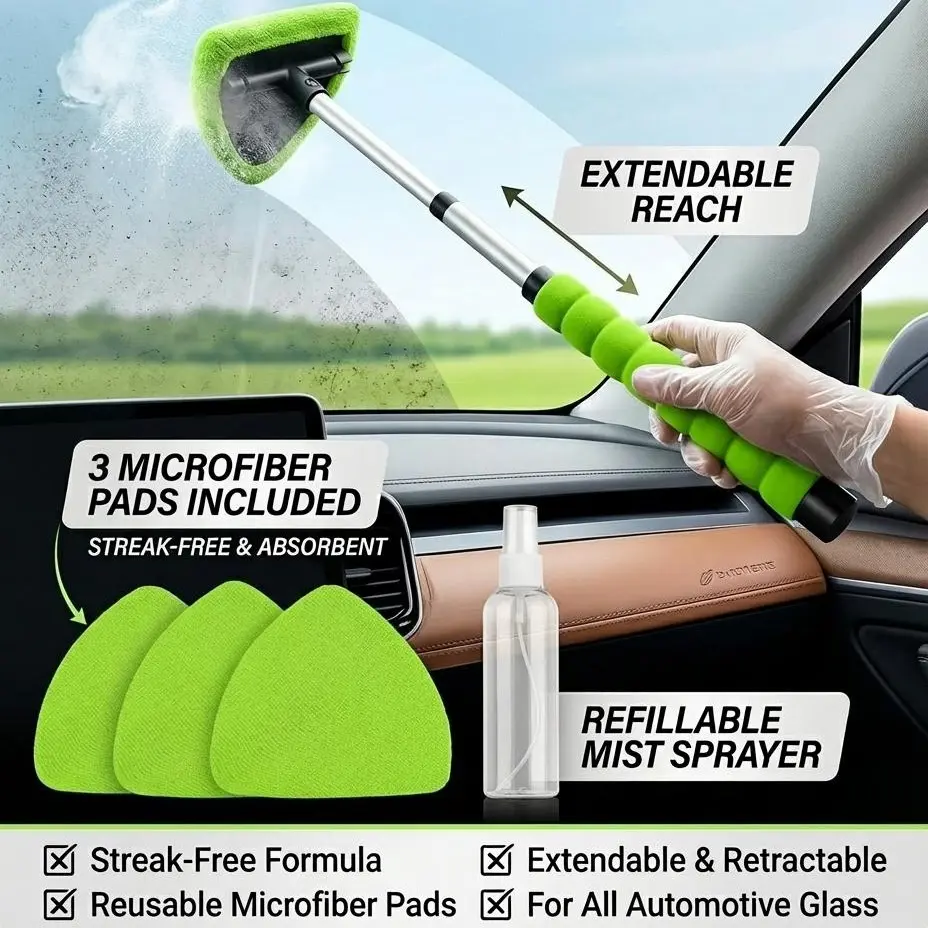 Telescopic Windshield Cleaner Tool Kit, 11" to 17" Extendable Aluminum Handle 180° Swivel Triangle Head Car Window Glass Cleaner, Ultra Soft Reusable Microfiber Pads with Refillable Spray Bottle for Auto Interior Windshield, Mirrors & Tinted Glass